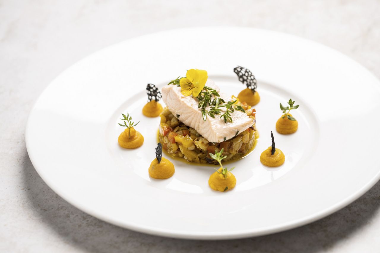 Nahaufnahme von Teller mit Fischkreation