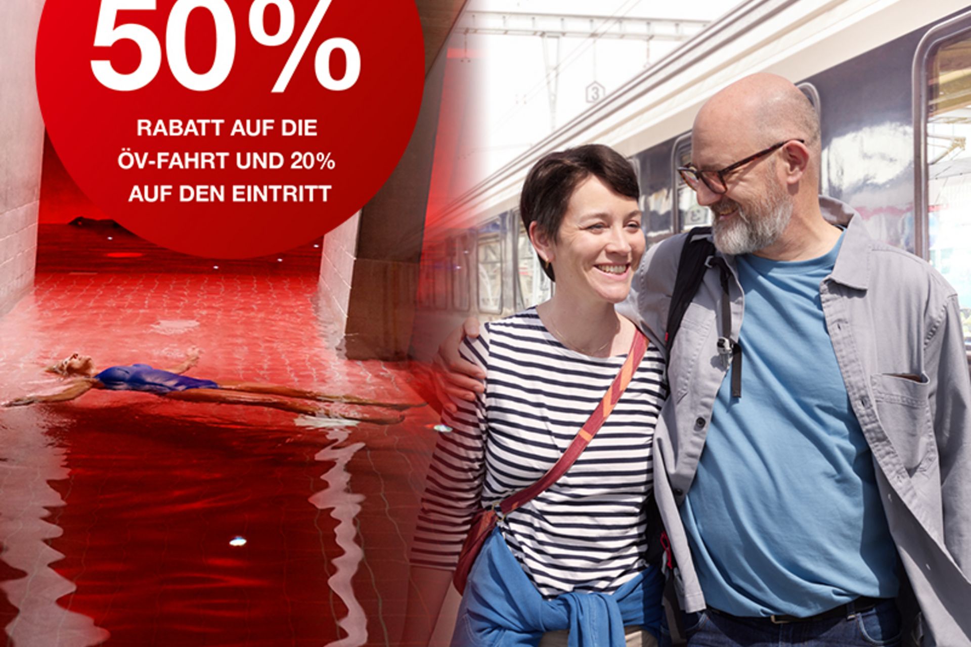 Paar reist mit dem Zug nach Rheinfelden ins sole uno; SBB RailAway Angebot mit bis zu 50% Rabatt auf die ÖV-Fahrt und 20% auf den Wellness-Eintritt.