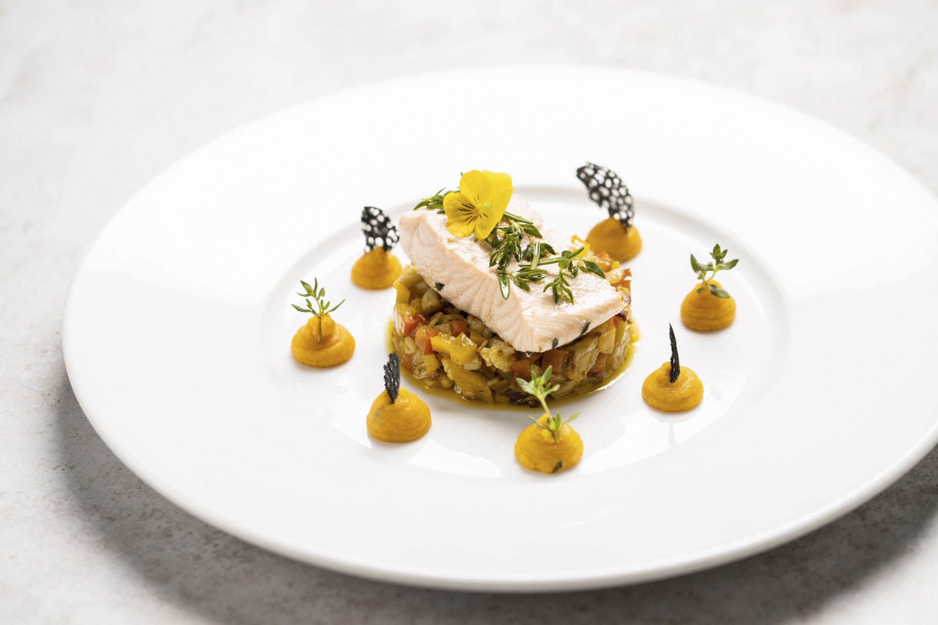 Nahaufnahme von Teller mit Fischkreation